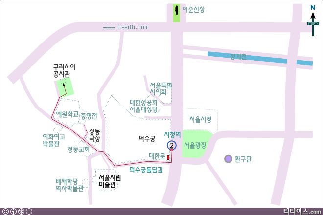 시청역 2번 출구에서 덕수궁 돌담길을 따라 구 러시아공사관으로 가는 지도